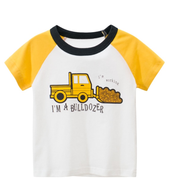 Traspirante Estate Piccolo Ragazzi T-Shirt Creativo Bulldozer Lettera di Stampa Manica Corta Rotonda Collare Top Vestiti Dei Bambini Casual