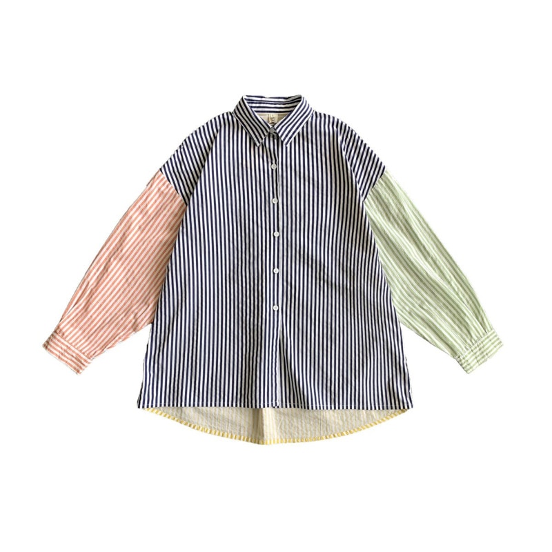 Camisa a rayas para hombre, camisa informal de negocios de Color contrastante, ropa de calle, camisa holgada de manga larga, camisa de vestir salvaje para hombre