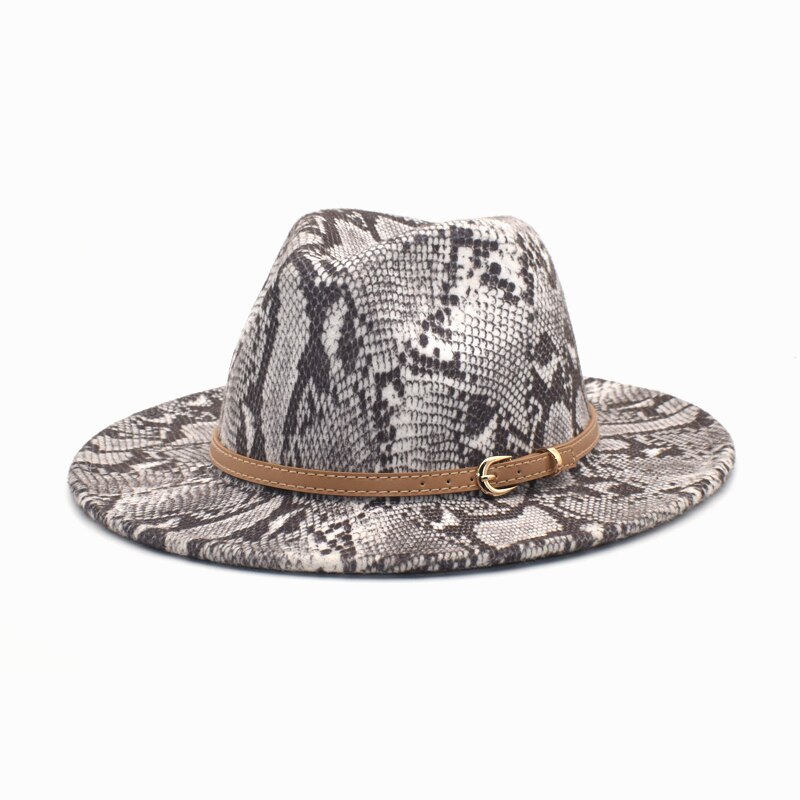 Fuodrao Snake Print Fedora Hoeden Voor Vrouwen Wide Brim Vilt Herfst Winter Britse Vintage Trilby Mannen Jazz Hoed F133: Grijs