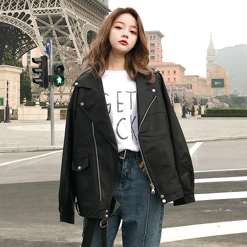 Aelegantmis Oversized Coat Women Faux Leather Jacket Spring Autumn Loose Biker Motorcycle Jackets Female Punk Streetwear: Black / L
