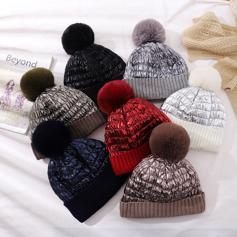 Cntang hoed voor dames, warme wintermutsen, donsmutsen, imitatie konijnenbont pompon, reflecterende mutsen, dames casual pet