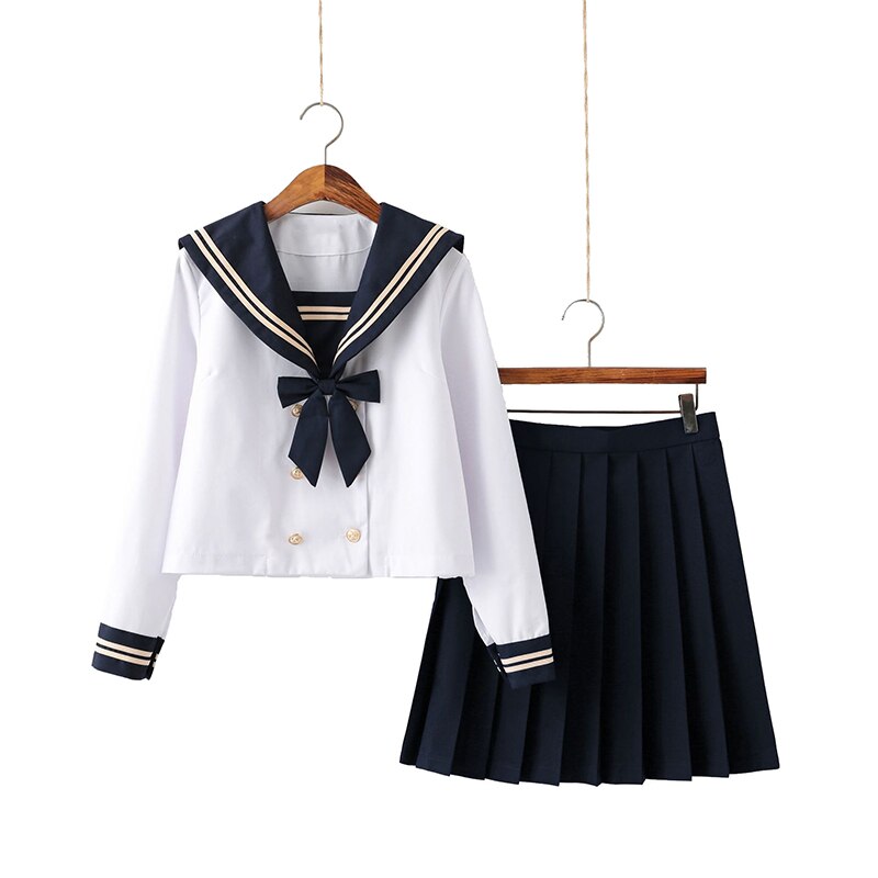 Double-breasted Summer White Navy Sailor Suit Tops Skirts Women JK High School Uniform Class Uniform Students Cloth: 2 / S