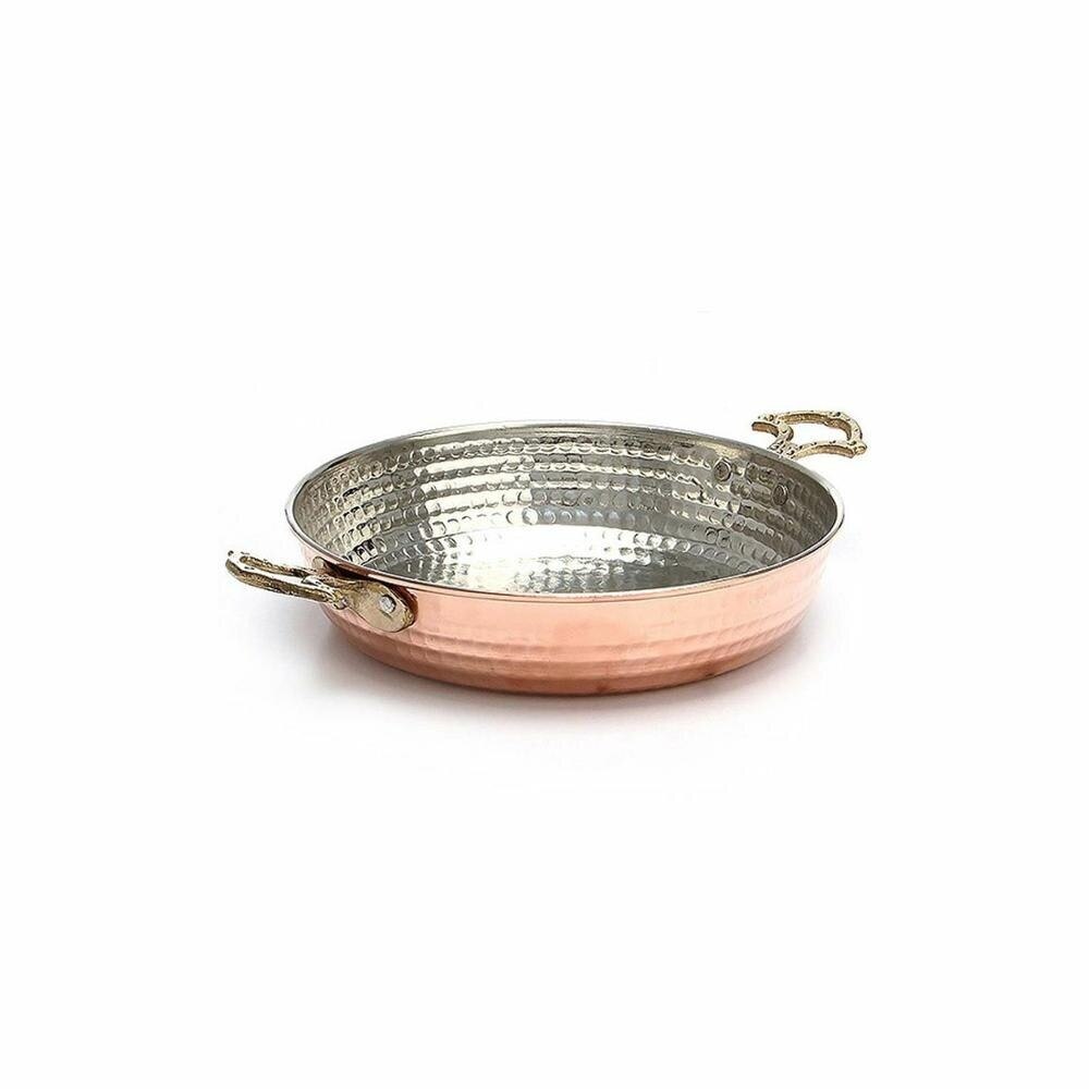 Traditional Turkish Copper Egg Omelette Pan, Sahan, Fryer Pot with Brass Handles: 16 cm