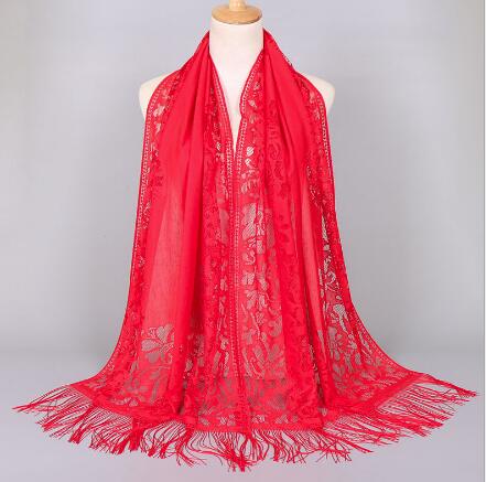 Women Cotton Polyester Floral Lace Scarf Shawl Tassels Party Wedding Lace Veil India Arab Muslim Hijabs Scarves: color 11 red