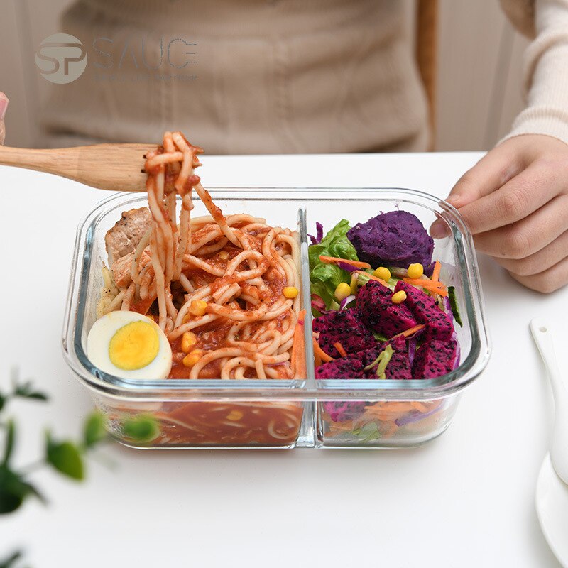 Lunch box, glass partition, heatable lunch box, rectangular lunch box, compartmentalized set, crisper for microwave oven