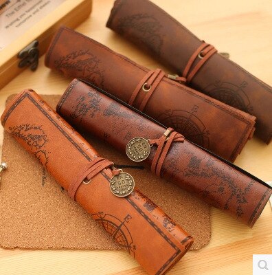 Leren etui, stiksels, pennenzak, opberghoes, vintage kawaii schoolspullen