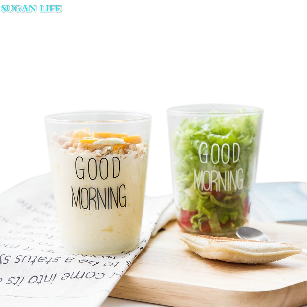Good Morning Black White Transparent Glass Coffee Tea Drinks Dessert Breakfast Milk Cup Kitchenware Glass Mugs 400ml