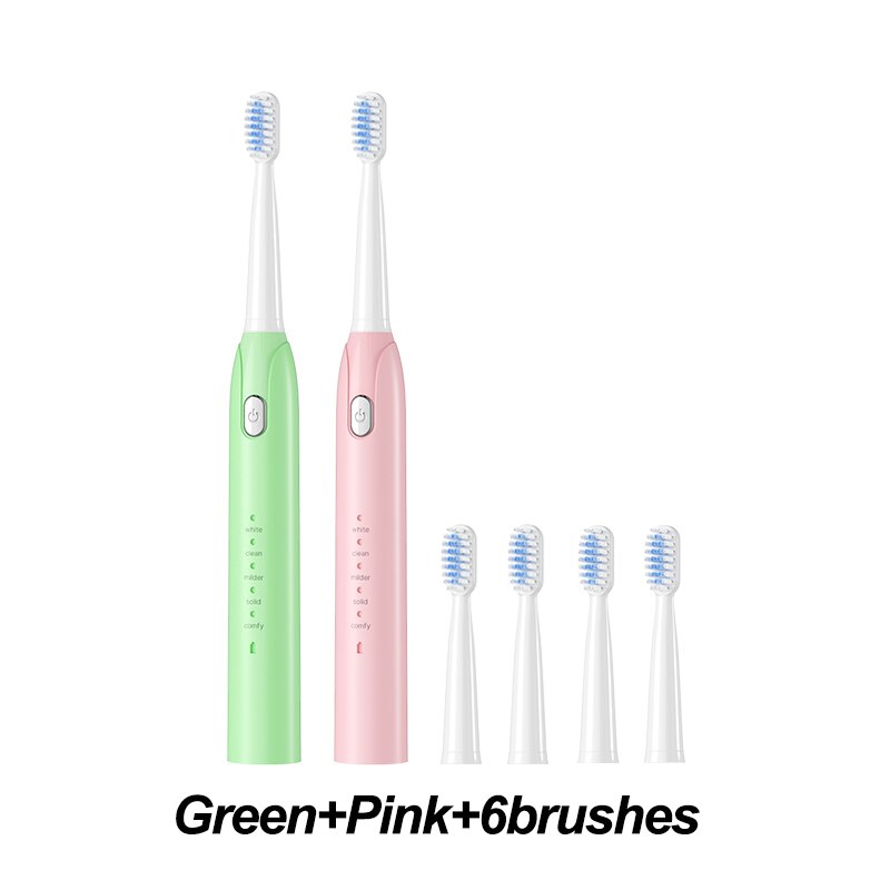 Electric Toothbrush Sonic Toothbrush USB Induction Charging Toothbrush Smart Toothbrush Electric Tooth Scaler Wave Brush: greenpink 6brushes