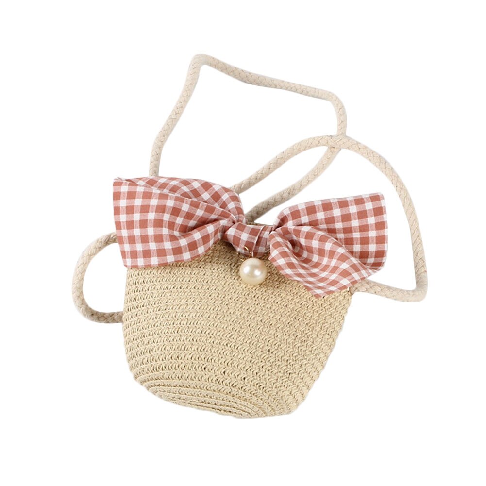 Ragazze dei capretti di Paglia Dovrebbe Sacchetto di Crossbody Borsa con bel Fiocco Fatto A Mano Puro di Tessitura di Spalla Sacchetto Della Spiaggia di proprietà Della Perla Della Chiusura Lampo Della Borsa: Beige