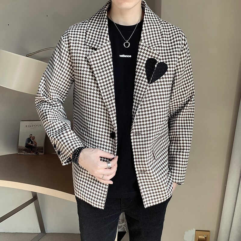 Chaqueta de traje de pata de gallo para hombre, ropa de calle informal holgada, Blazer de Social, abrigo de vestir de negocios que combina con todo, masculina, 2022