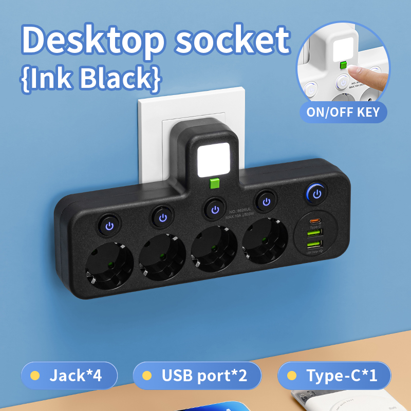 Regleta de enchufe estándar europeo montada en la pared con enchufe europeo con carga USB C, adaptador de filtro de red de interruptor independiente de 5 CA: Gris