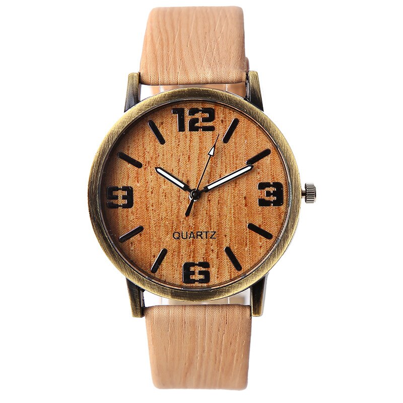 Heren-/dameshorloges met de klok mee, weergave van houtnerf, levensecht patroon, kwartsleren horloge, vrijetijdshorloge, roestvrijstalen wijzerplaat