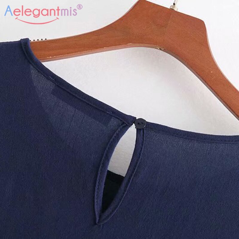 Aelegantmis camisa de gasa suelta azul marino mujeres Chic flor bordado blusas señora Casual manga larga Tops
