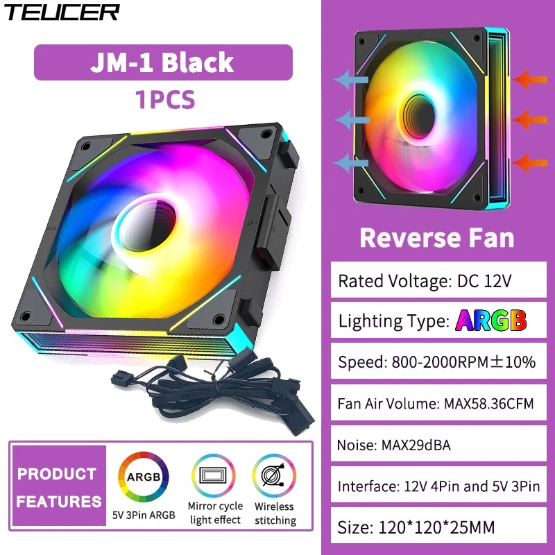TEUCER JM-1 PC Case Fan 120mm ARGB Mirror Cycle Light Effect Cooling Fan 4PIN PWM Low noise Chassis Water Cooling Ventilador: SKY BLUE