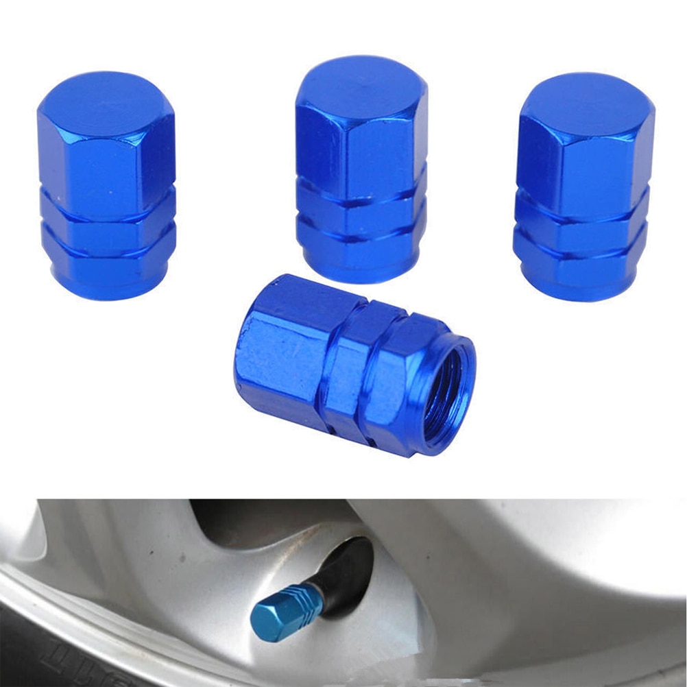 4 Uds tapas de válvula de rueda de coche bicicleta de aluminio a prueba de herrumbre Válvula de rueda tapa de polvo boquilla tapones de válvula de coche accesorios de coche-azul