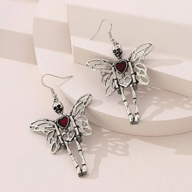 Pendientes colgantes de esqueleto de Halloween a la para mujer, pendientes góticos de gato negro con calavera gótica Punk Vintage, de joyería divertidos para