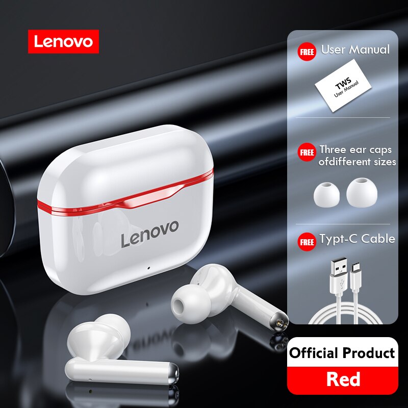 Lenovo LP1 Wireless Headphones Sport Waterproof Bluetooth Headphones 300mAh Charging Box HIFI Stereo Sound Earphones with Mic: Red