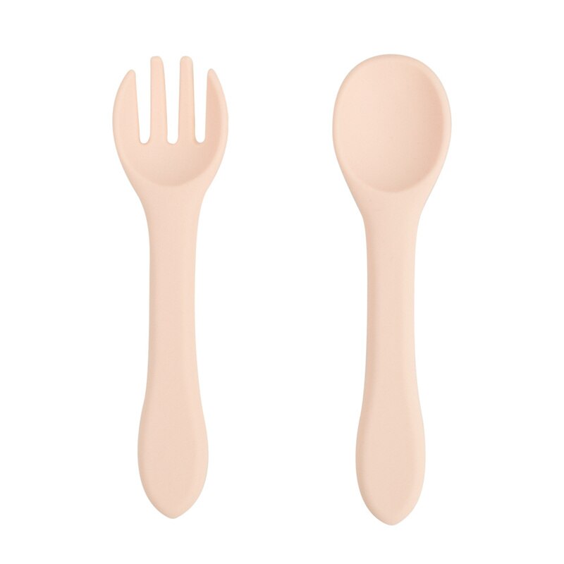 2 Pcs/Set Silicone Baby Learning Spoon Fork Set BPA Free Baby Silicone Tableware Non-Slip Kids Safety Utensils Baby Stuff: 04