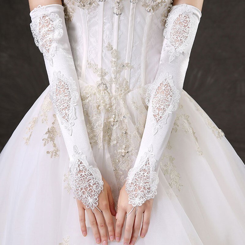 JaneVini Fingerless Long White Wedding Gloves for Bride Satin Lace Opera Length Bridal Gloves Women Party Hand Gloves: Default Title