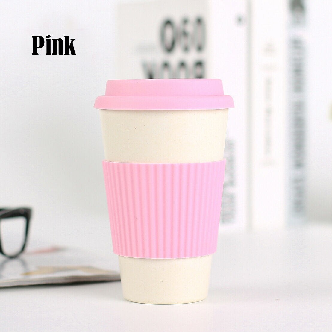 Taza para té y café de fibra de bambú reutilizable, vaso de viaje de paja de trigo con tapa de silicona, UK: Rosa