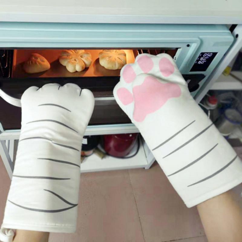 3D Cartoon Cat Paws Oven Mitts Long Cotton Baking Insulation Gloves Microwave Non-slip Heat Resistant Kitchen Gloves