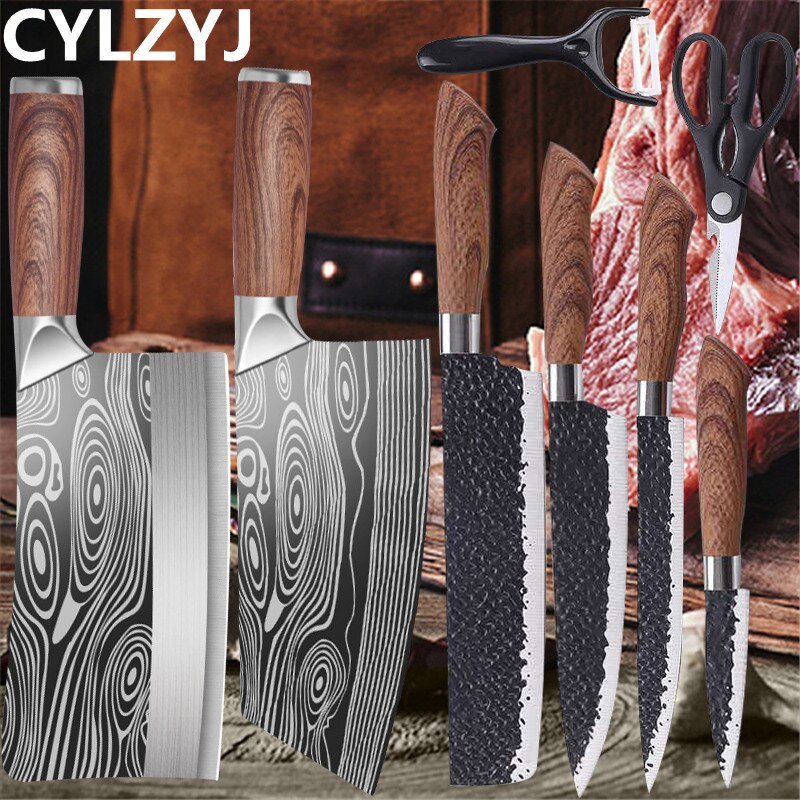 Ensemble de couteaux de Chef de cuisine, couteau forgé en acier inoxydable, ciseaux Nakiri éplucheur en céramique, couteau d&#39;office avec étui