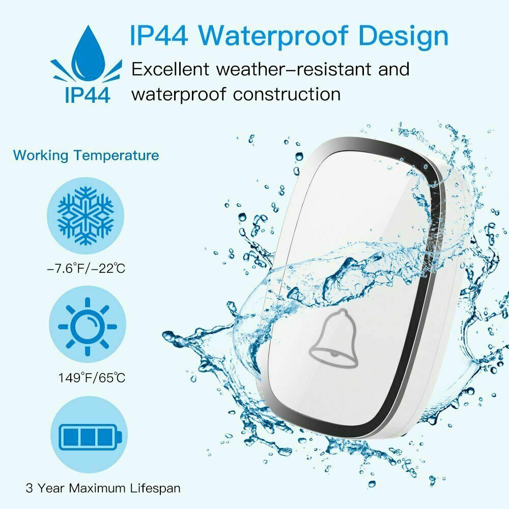 Wireless Door Bell Home Doorbell Plug In Cordless Loud Chime LED 36 Tunes Waterproof Cordless Ring Dong