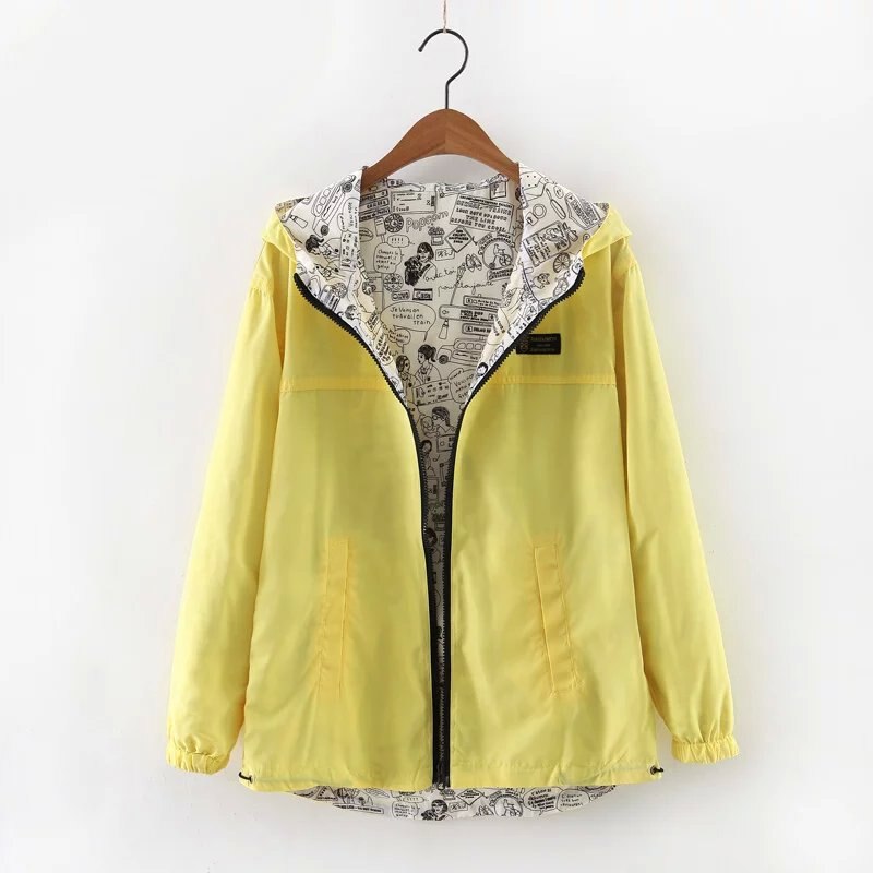 Lente Herfst Vrouwen Jas Coat Pocket Rits Hooded Twee Side Wear Cartoon Print Uitloper Losse Plus Size