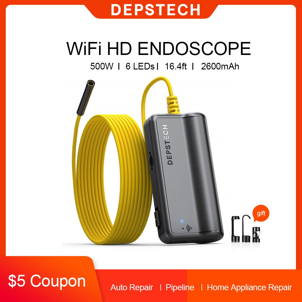 DEPSTECH Upgrade 5.0MP HD Wireless Endoscope WiFi Borescope 16 inch Focal Distance Semi-Rigid Snake Inspection Camera for iOS