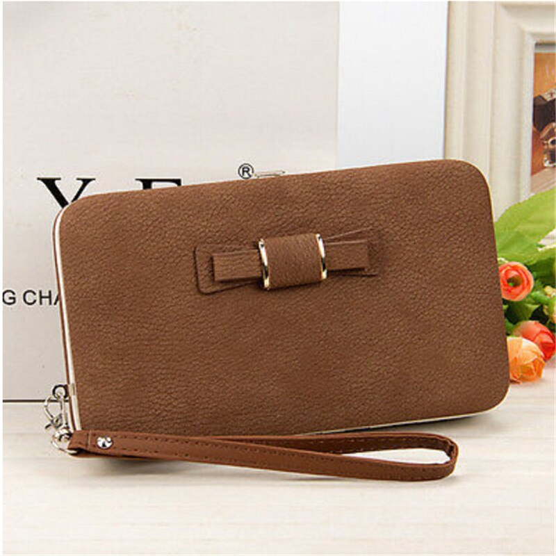 Women Bowknot Wallet Long Purse Phone Card Holder Clutch Large Capacity Pocket Female Solid PU Wallets: Light Coffee