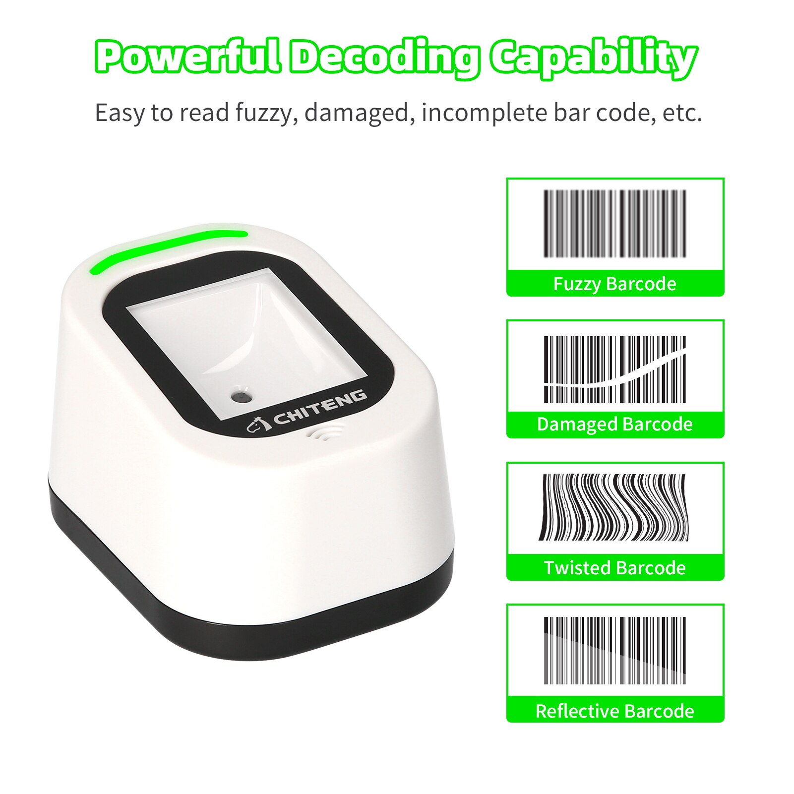 Omnidrectional Desktop Hands-free 1D 2D QR Barcode Scanner USB Wired Bar Code Reader Large Scanning Window Continuous Scan