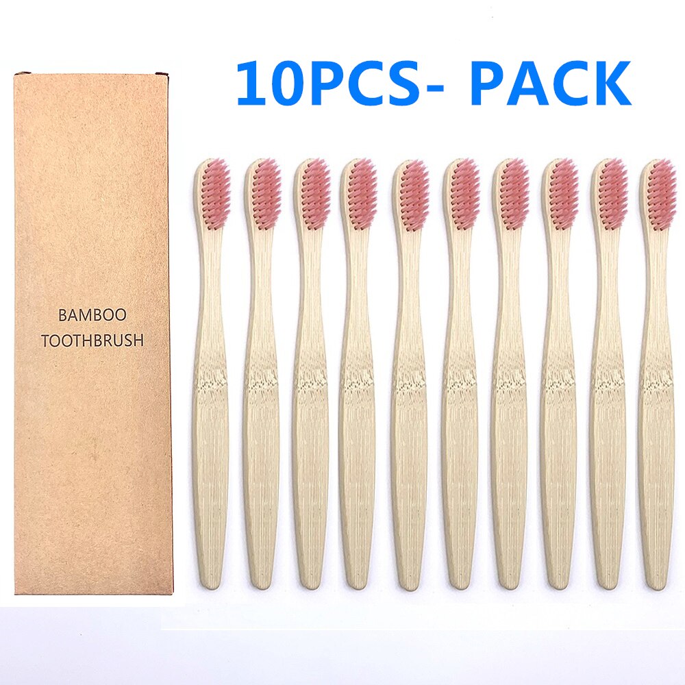 10pcs Eco-Friendly Plastic-Free Bamboo Toothbrush Soft Bristle Natural Healthy Dental Oral Care Hygiene Toothbrushes: 10PCS Pink Color