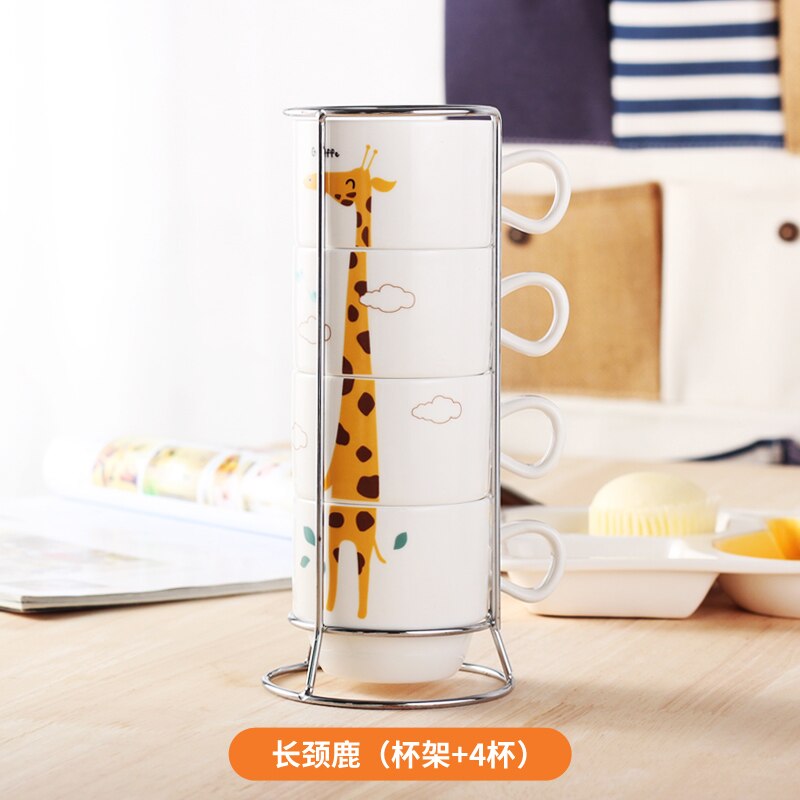 Ceramic Coffee Mug Stacking Cup Teacup Home Set Ceramic Cup Fun (4 Cups + 1 Cup Holder): C