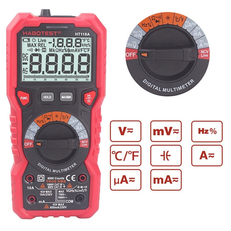 HABOTEST HT118A Digital Multimeter Automatic Range Multimeter 6000 Counts True RMS Measurement Voltage Current Resistance Capaci
