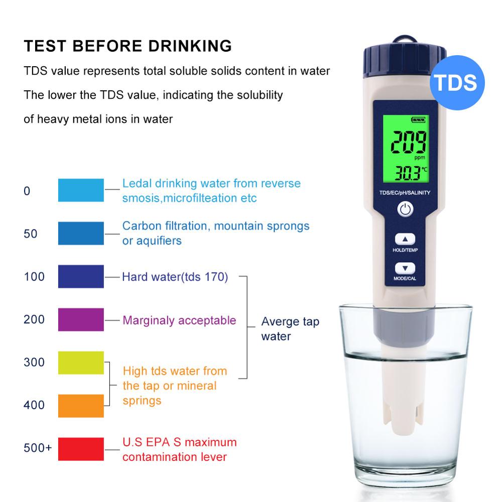 Digitale Water Tester 5 In 1 Ph/Tds/Ec/Zoutgehalte/Temperatuur Tester Pen Waterdichte Multi-functie Meter Voor Aquarium Zwembad