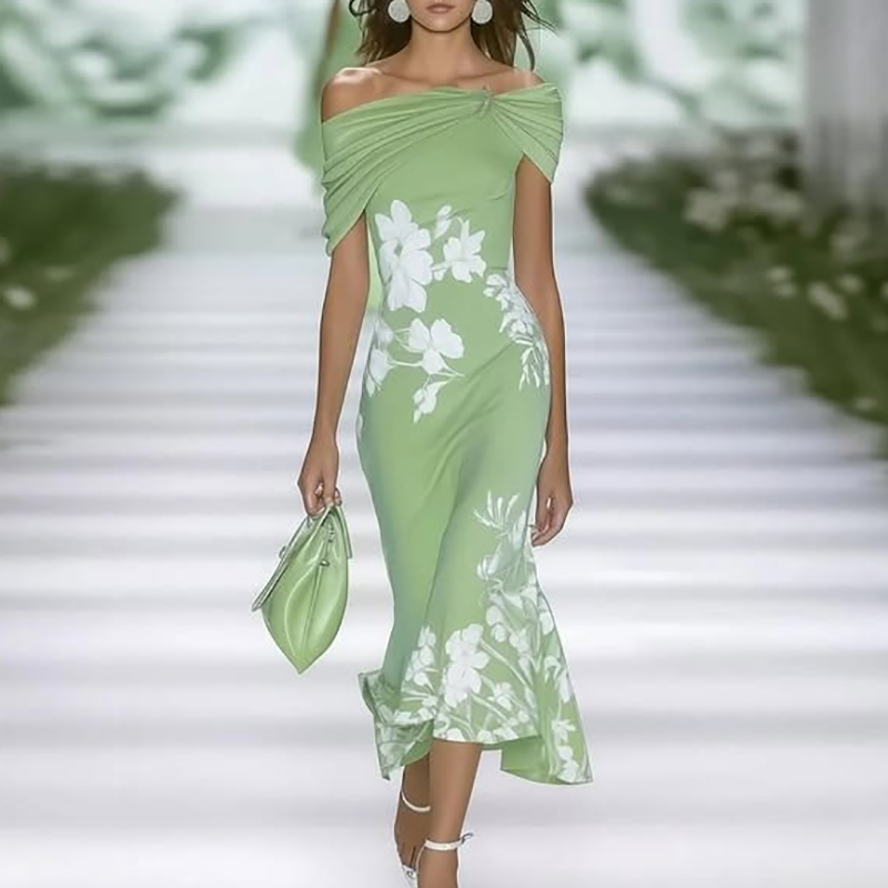Sommerkjole med off-shoulder-ærmer til kvinder med blomsterprint og draperet lang kjole, sexet, højtaljet, slank festkjole: Xl / Sort