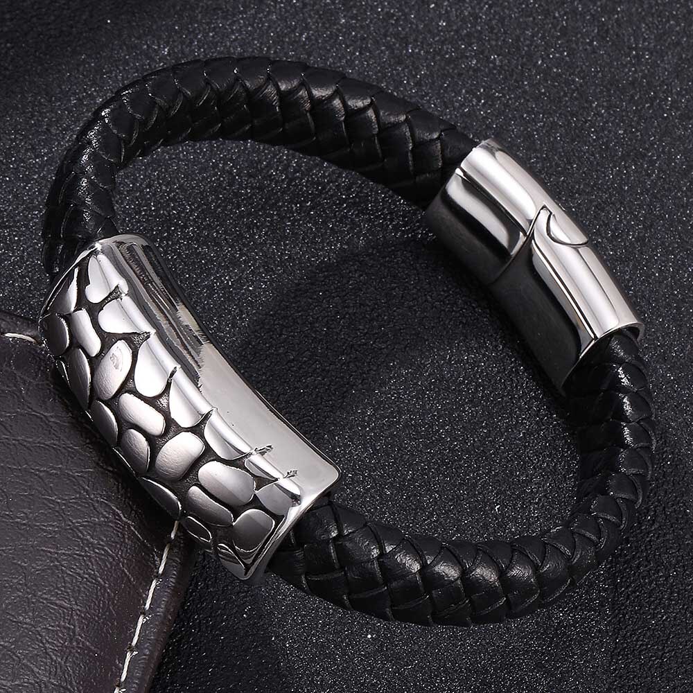 Men's Braided Leather Cuff Bracelet - Genuine Cowhide With Magnetic Clasp, 7.5-8.7 Inch, Silver, Gift Box