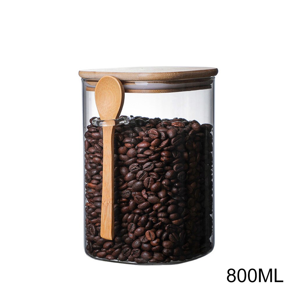 Récipient hermétique de pots de farine de sucre d'épice de grain de café en verre de pot de stockage de nourriture avec des couvercles et la cuillère en bois E2S: 800ml