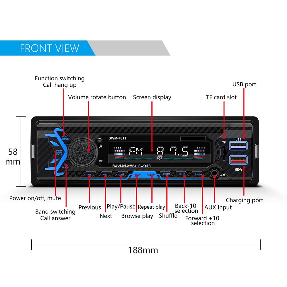12V Universal Dual Usb Port Car Bluetooth Mp3 Player Fm Radio With Steering Wheel Remote Control USB 2.1a Fast Charger