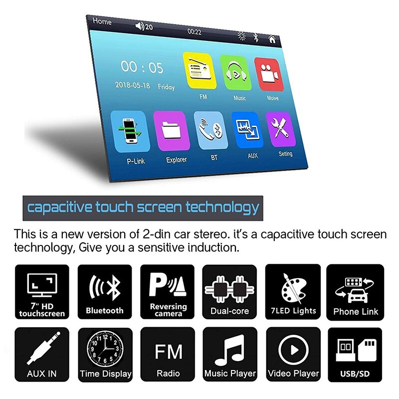 Double Din Car Stereo Upgrade 7 Inch Contact Screen Car MP5 Player with Rear-View Camera,AM/FM Radio Receiver, Bluetooth , Mirro