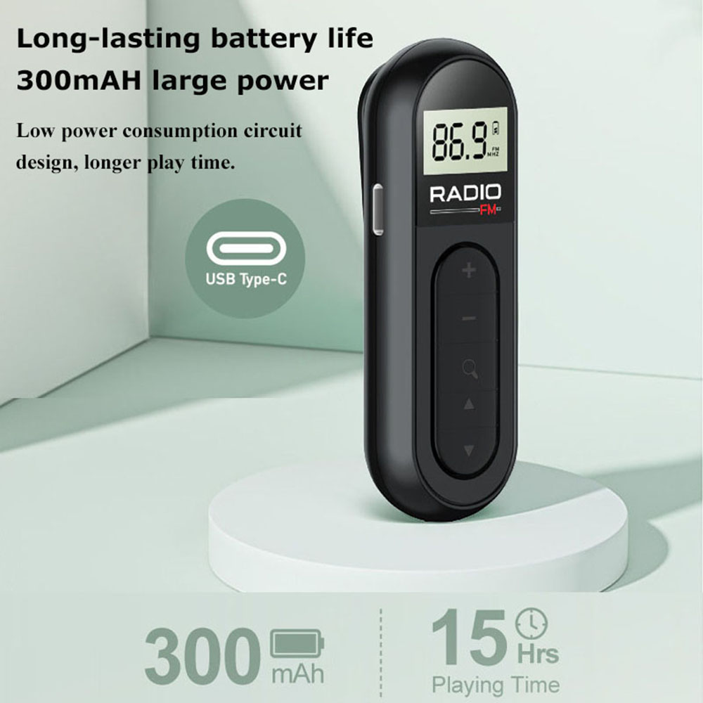 Mini fm walkman-radio 300 mah uppladdningsbar bärbar radio lcd digital bakgrundsbelysning stereoljud bältesklämma för jogging promenader