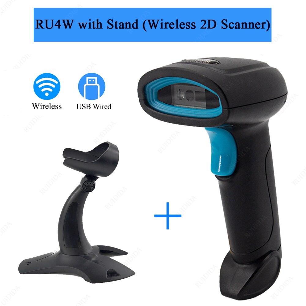 1D 2D Drahtlose Bar code Scanner Bluetooth Tragbare Reader 2d verdrahtete qr code Scanner Handheld Bar Reader leitor de código de barra: RU4W with Stand