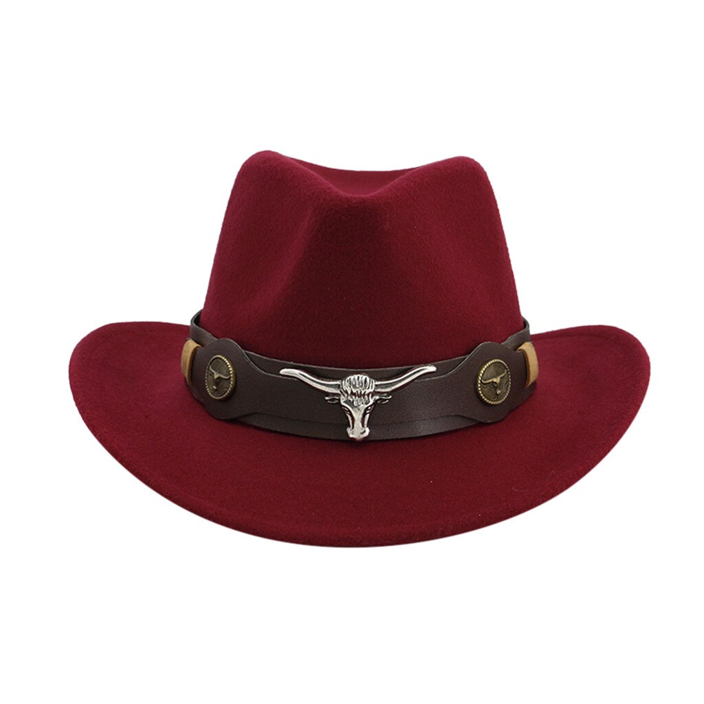 Mode Mannen Vrouwen Western Cowboy Hoed Met Koe Hoofd Band Brede Rand Hoed Pop Jazz Hoed Winter Wol Cap Maat 56-58Cm # T1P: Wine