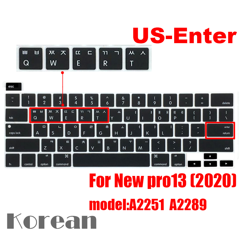 Dla macbook pro13 2020 pokrywa klawiatury Laptop folia ochronna 13 cali A2289 A2251 pokrywa klawiatury silikonowej rosyjski francuski hiszpański: US-Enter Korean