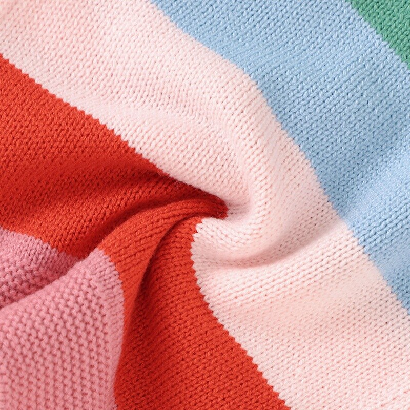 Winter Warm Kids Casual Sweater Baby Girl Rainbow Striped Print Cotton Knitted Outerwear Clothes