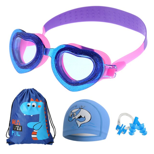 Waterproof Anti Fog UV Child swim Lenses Diving Swimming Glasses kids Eyewear Swim Goggles with swim cap bag set: Lavender