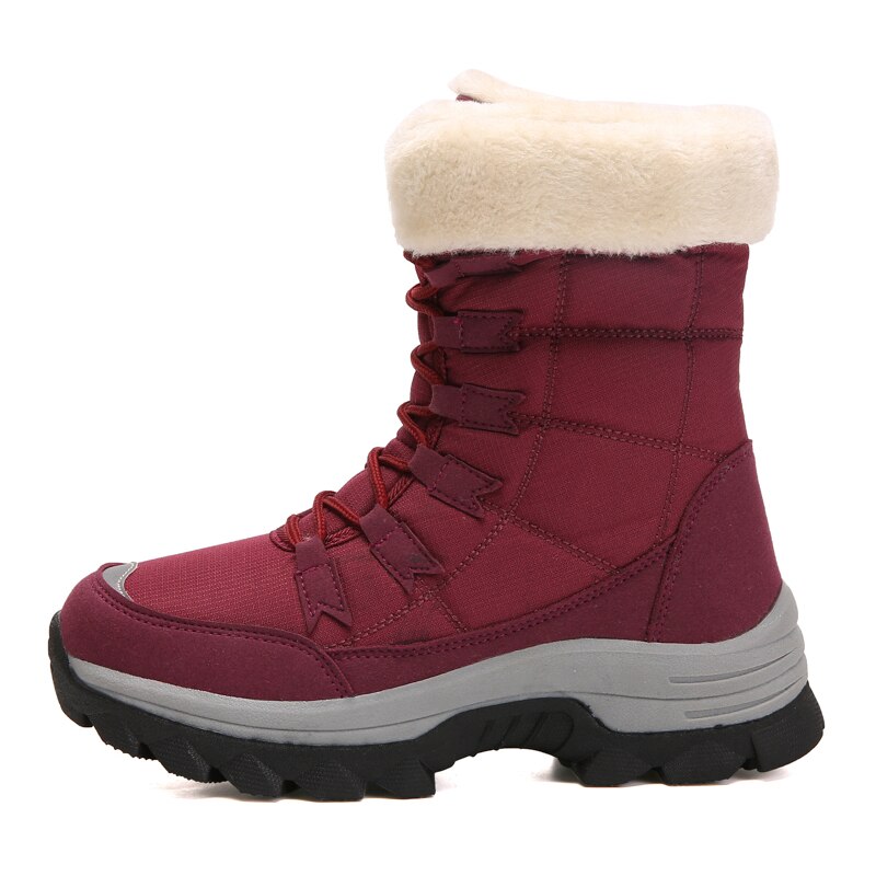 Bottes pour femmes, baskets de neige chaudes et imperméables en toile, chaussures d'hiver en peluche, bottines pour femmes, chaussures antidérapantes à plateforme plate, taille 42: Rouge / 35