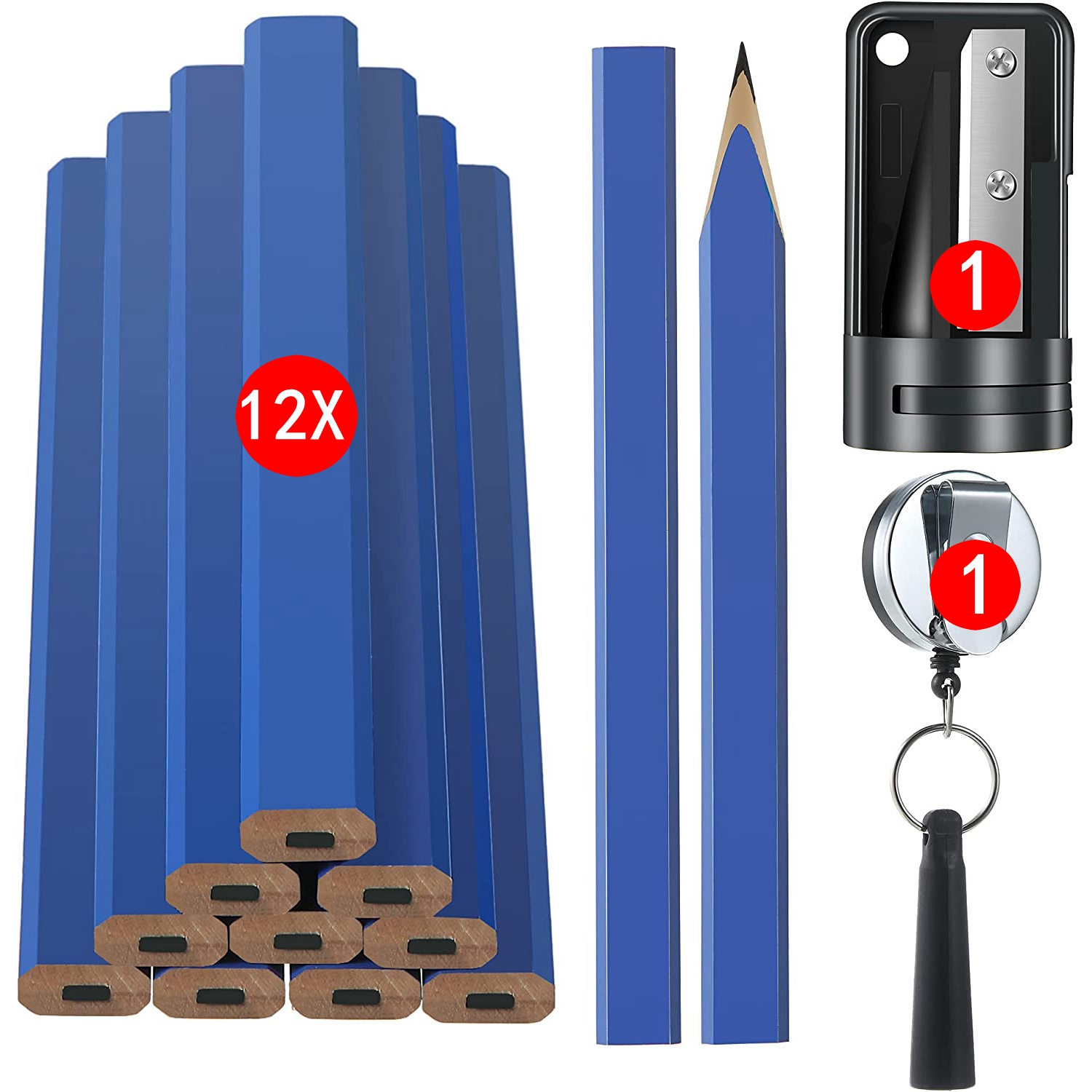 14-delige timmermanspotloodset, platte achthoekige harde zwarte timmerman markeerpotloden met puntenslijper intrekbare pennenhouder: Default Title