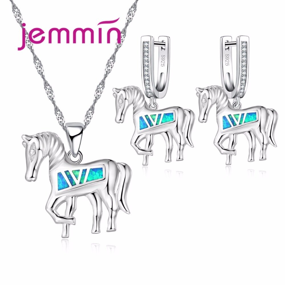 Horse Jewelry Set with Blue Fire Opal Stone Exquisite Animal Pendant Necklace & Earrings 925 Sterling Silver