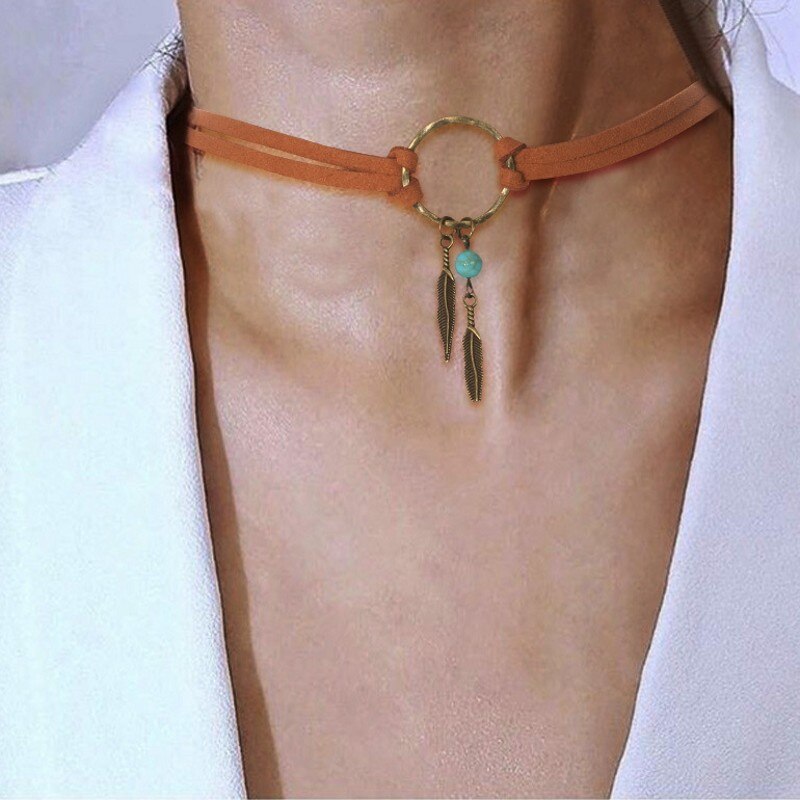 Vintage Leder Feder Choker Halsketten Für Frauen Mädchen Retro Antike Gold Boho Erklärung Halsketten Schmuck